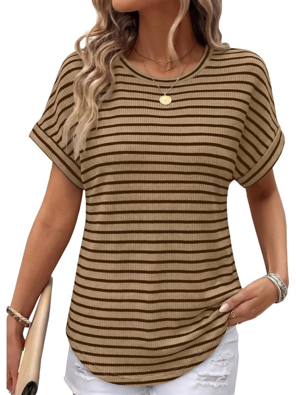 Women's Striped Brown Polyester Blend Short Sleeve V Neck Pull On Henley Shirts